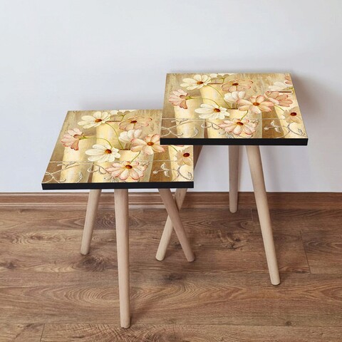 Set masute 2 piese, Leona, 2Shp309, MDF , Crem / Maro / Verde / Roșu