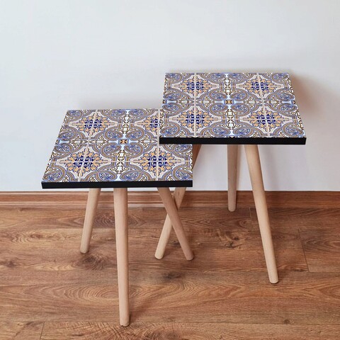 Set masute 2 piese, Hanah Home, 2Shp34, Bej / Bleumarin / Galben