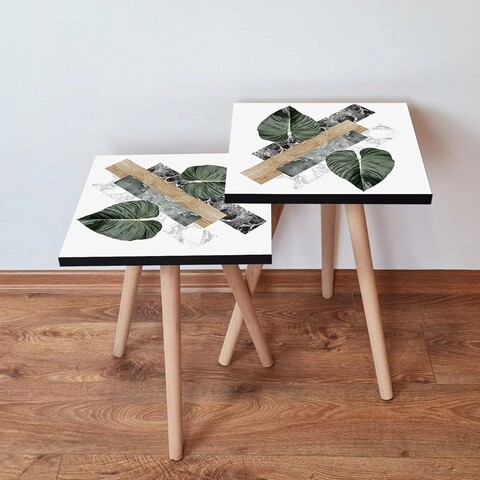 Set masute 2 piese, Leona, 2Shp385, MDF , Alb / Verde / Bej / Negru