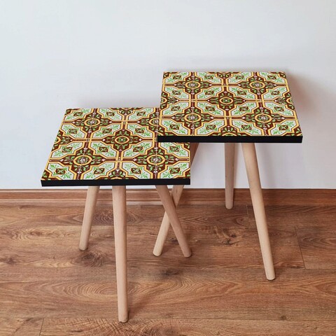 Set masute 2 piese, Hanah Home, 2Shp44, Maro / Verde / Galben / Alb