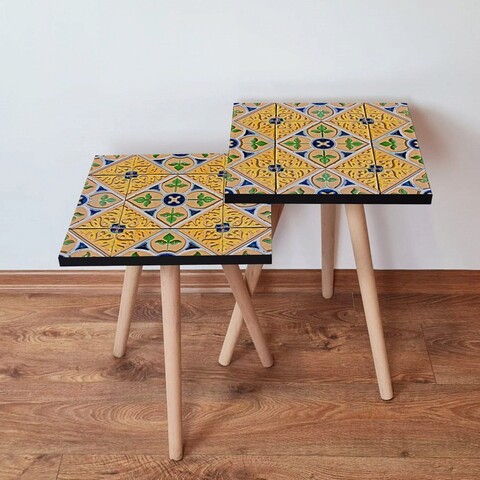 Set masute 2 piese, Hanah Home, 2Shp46, Galben / Bej / Verde / Albastru Marin