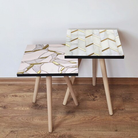 Set masute 2 piese, Leona, 2Shp490, MDF , Roz / Auriu / Gri / Alb