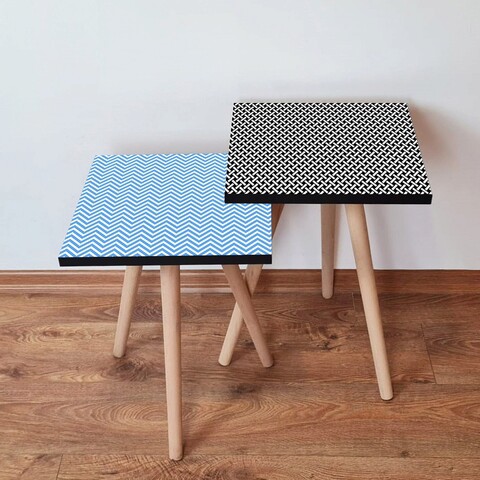 Set masute 2 piese, Leona, 2Shp504, MDF , Albastru / Negru / Alb