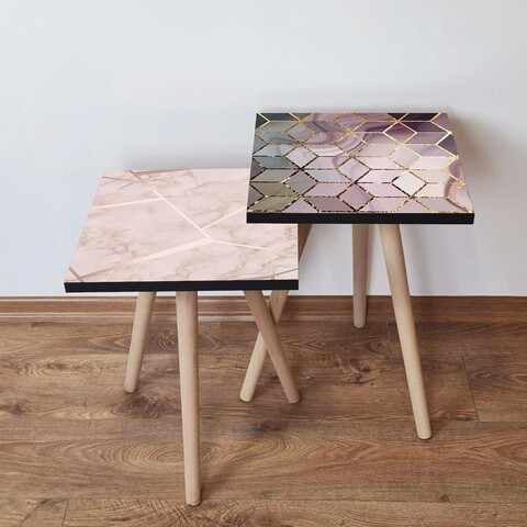 Set masute 2 piese, Leona, 2Shp518, MDF , Crem / Auriu / Roz / Alb