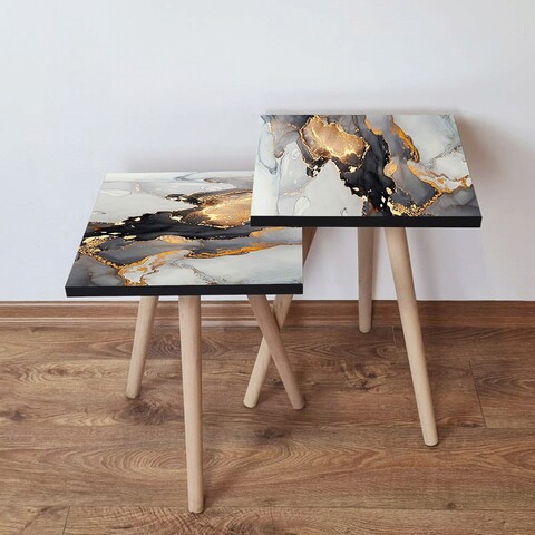 Set masute 2 piese, Leona, 2Shp83, MDF , Alb / Auriu / Negru