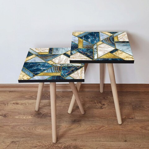 Set masute 2 piese, Hanah Home, 2Shp84, Bleumarin / Albastru / Auriu / Bej