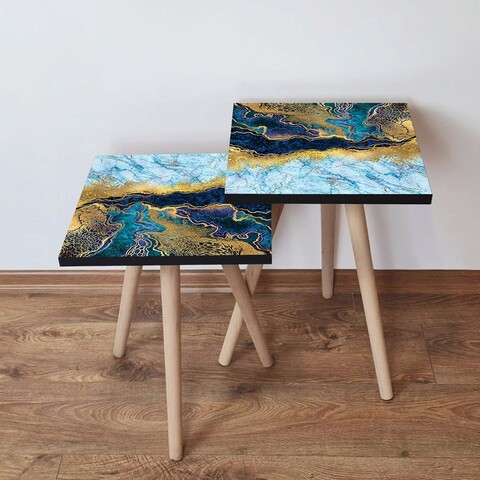 Set masute 2 piese, Leona, 2Shp90, MDF , Bleumarin / Auriu / Alb