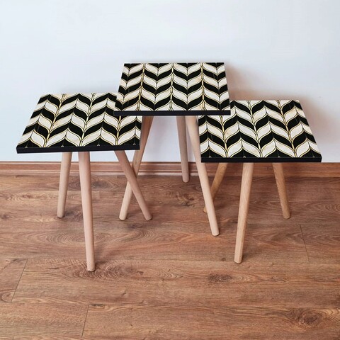 Set masute 3 piese, Leona, 3Shp130, MDF , Alb / Negru / Auriu