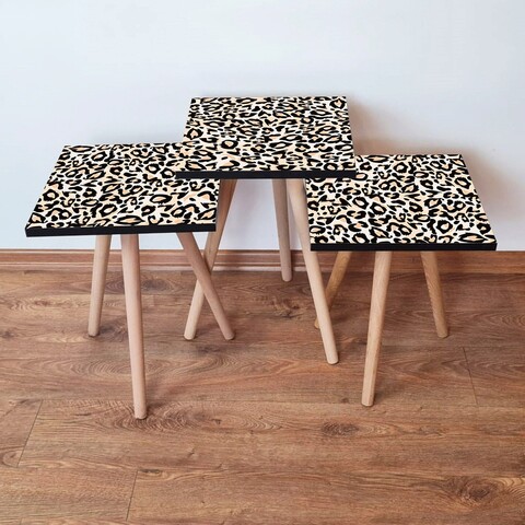 Set masute 3 piese, Leona, 3Shp152, MDF , Negru / Alb / Somon