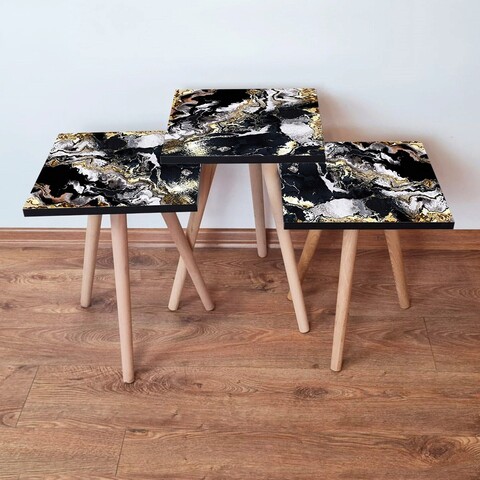 Set masute 3 piese, Leona, 3Shp159, MDF , Negru / Alb / Auriu