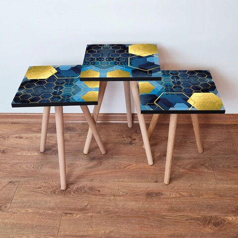 Set masute 3 piese, Hanah Home, 3Shp160, Bleumarin / Albastru / Auriu