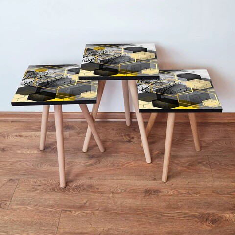 Set masute 3 piese, Leona, 3Shp162, MDF , Negru / Gri / Auriu