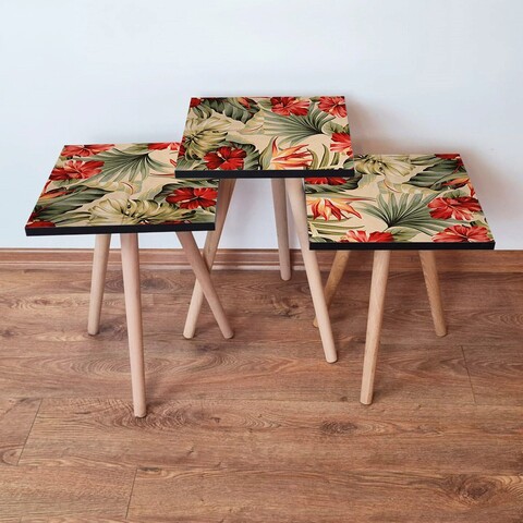 Set masute 3 piese, Hanah Home, 3Shp205, Bej / Roșu / Verde