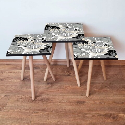 Set masute 3 piese, Hanah Home, 3Shp213, Alb / Negru / Bej