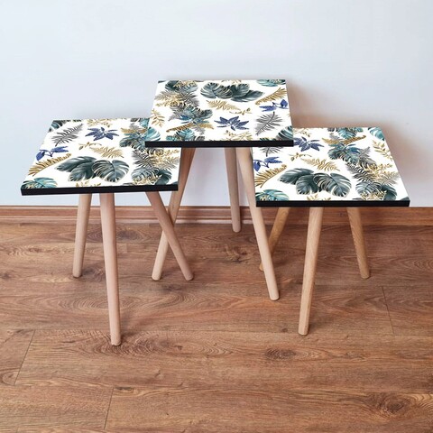 Set masute 3 piese, Hanah Home, 3Shp217, Bej / Verde / Auriu / Bleumarin