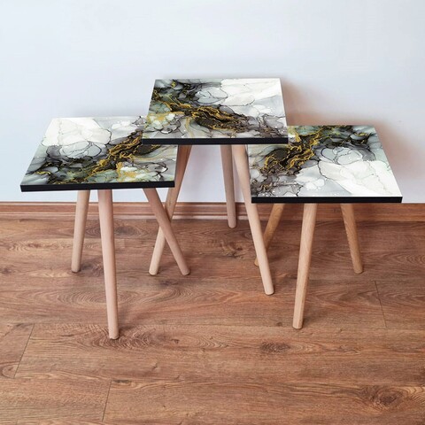 Set masute 3 piese, Hanah Home, 3Shp233, Alb / Gri / Auriu / Muștar