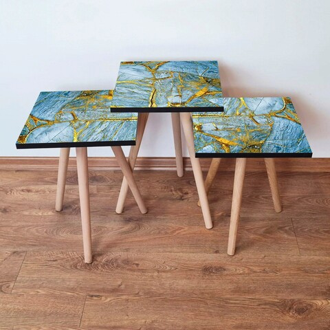 Set masute 3 piese, Hanah Home, 3Shp235, Albastru / Auriu