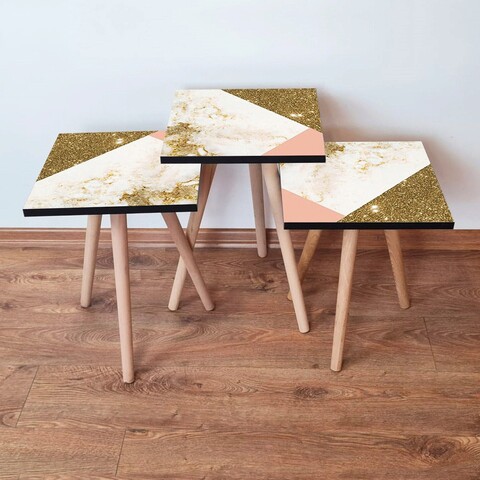 Set masute 3 piese, Leona, 3Shp264, MDF , Alb / Somon / Auriu